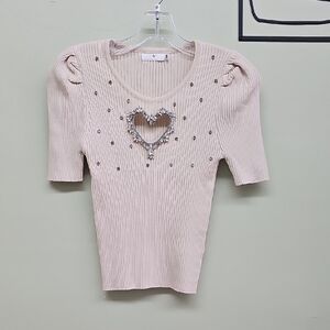 Elegant Cream Ribbed Women Top with Heart Detail